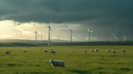 Sheep grazing near wind turbines on the mountain. Generative AIの素材