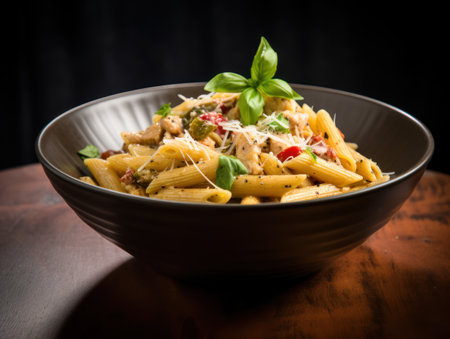 Penne pasta in tomato sauce with chicken in a bowl. Generative AIの素材