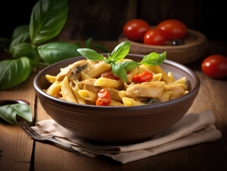Penne pasta in tomato sauce with chicken in a bowl. Generative AIの素材