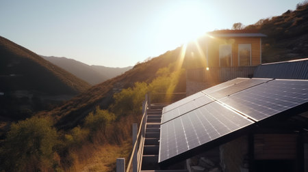 eco-friendly house with solar panels on the roof surrounded by green nature. Generative AIの素材