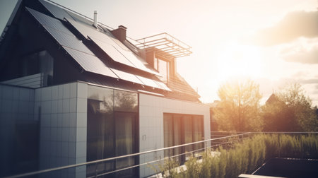 Modern house with solar panels on the rooftop with sunset on the background. Generative AIの素材