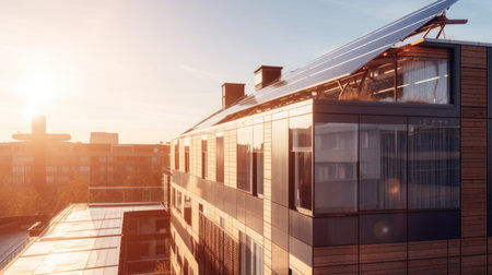 Modern house with solar panels on the rooftop with sunset on the background. Generative AIの素材