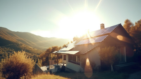 eco-friendly house with solar panels on the roof surrounded by green nature. Generative AIの素材