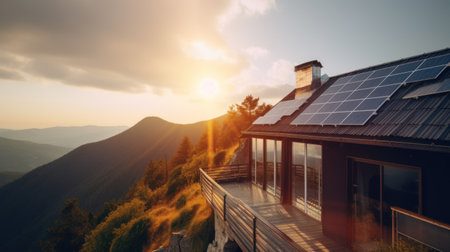 eco-friendly house with solar panels on the roof surrounded by green nature. Generative AIの素材