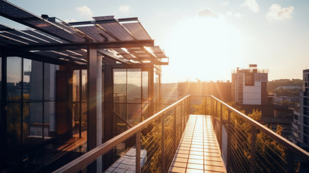 Modern house with solar panels on the rooftop with sunset on the background. Generative AIの素材