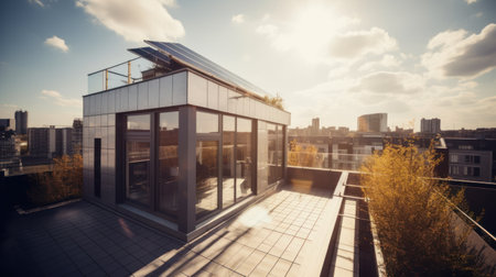 Modern house with solar panels on the rooftop with sunset on the background. Generative AIの素材