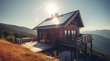 eco-friendly house with solar panels on the roof surrounded by green nature. Generative AIの素材