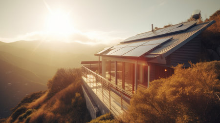 eco-friendly house with solar panels on the roof surrounded by green nature. Generative AIの素材