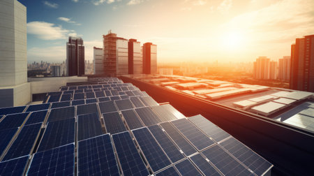 photovoltaic panels on sunset front of the big city. Generative AIの素材