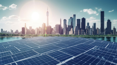 solar energy panel on the building in the big city. Generative AIの素材