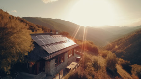 eco-friendly house with solar panels on the roof surrounded by green nature. Generative AIの素材