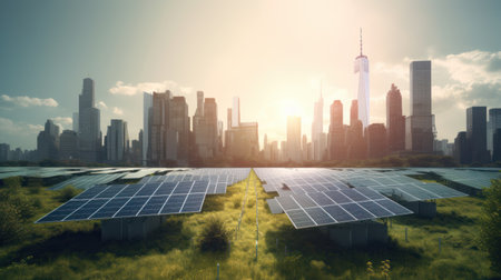 solar energy panel on the building in the big city. Generative AIの素材