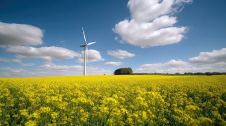 Wind turbine in a yellow flower field, Alternative energy. Generative AIの素材