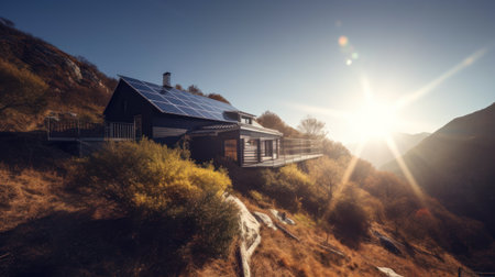 eco-friendly house with solar panels on the roof surrounded by green nature. Generative AIの素材