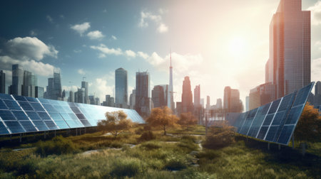 solar energy panel on the building in the big city. Generative AIの素材