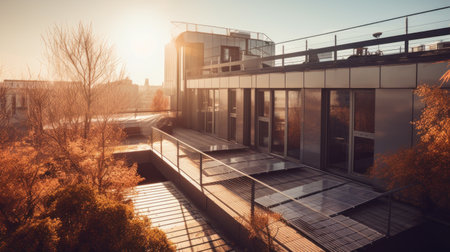Modern house with solar panels on the rooftop with sunset on the background. Generative AIの素材