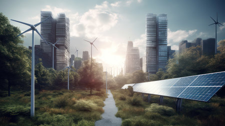 solar energy panel on the building in the big city. Generative AIの素材