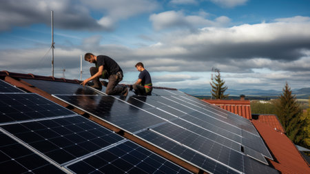 Alternative green energy, solar panels on the roof top of the house. Generative AIの素材