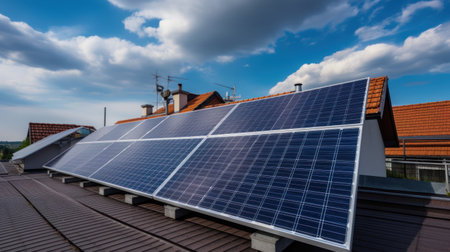 Alternative green energy, solar panels on the roof top of the house. Generative AIの素材