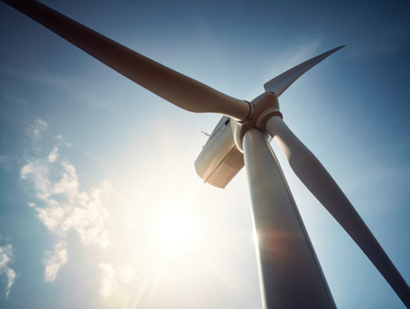 Wind turbines generating electricity with blue sky, energy conservation concept. Generative AIの素材