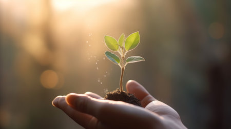 Close Up Plant in male Hands. Care of the Environment. Ecology concept. Generative AIの素材