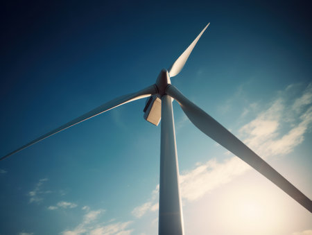 Wind turbines generating electricity with blue sky, energy conservation concept. Generative AIの素材