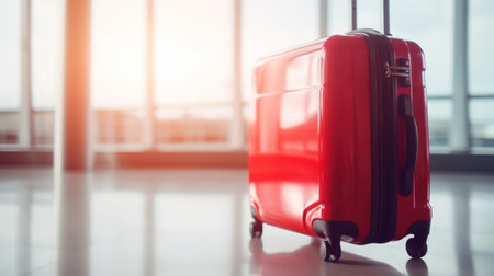 Travel suitcase with airport defocused background. Generative AIの素材