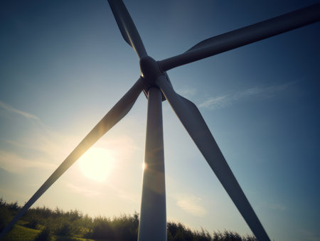 Wind turbines generating electricity with blue sky, energy conservation concept. Generative AIの素材