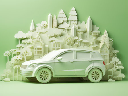 Green energy and sustainable concept, electric car and green city paper cut art. Generative AIの素材