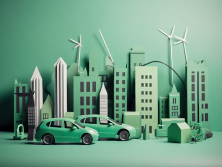 Green energy and sustainable concept, electric car and green city paper cut art. Generative AIの素材