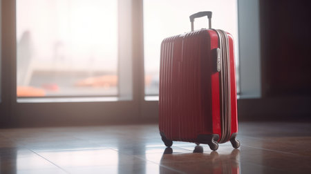 Travel suitcase with airport defocused background. Generative AIの素材