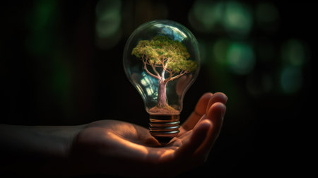 A small tree planted in an energy-saving light bulb, holding by a hand, green energy. Generative AIの素材