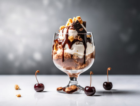 Tasty cold chocolate and vanilla ice cream sundae. Generative AIの素材