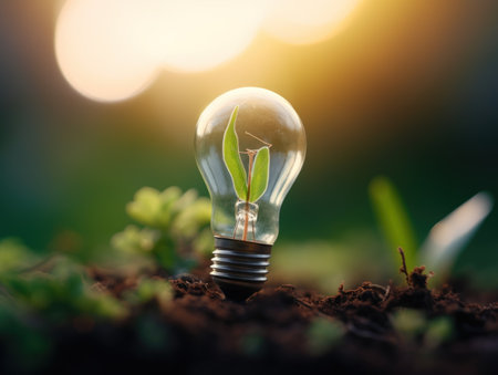 Tree growing on light bulb with sunshine in nature. saving energy and eco concept. Generative AIの素材