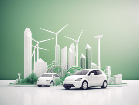 Green energy and sustainable concept, electric car and green city paper cut art. Generative AIの素材