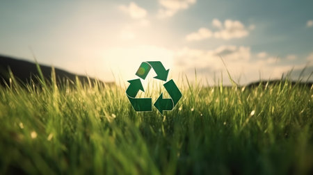 Recycle symbol on the green grass, sustainable and eco environment concept. Generative AIの素材