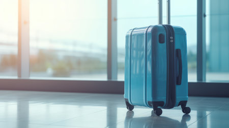 Travel suitcase with airport defocused background. Generative AIの素材