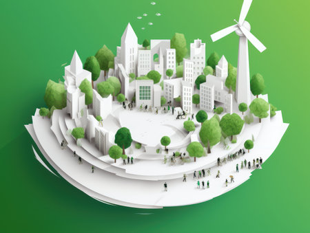Green energy and sustainable concept, electric car and green city paper cut art. Generative AIの素材