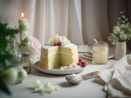 Beautiful vanila cake on the table. Generative AIの素材