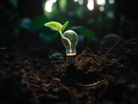 Tree growing on light bulb with sunshine in nature. saving energy and eco concept. Generative AIの素材