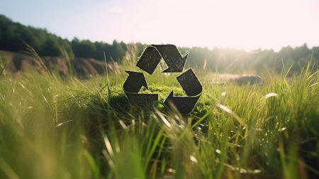 Recycle symbol on the green grass, sustainable and eco environment concept. Generative AIの素材