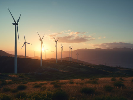 Wind turbines on beautiful sunny summer autumn mountain landsape. Generative AIの素材