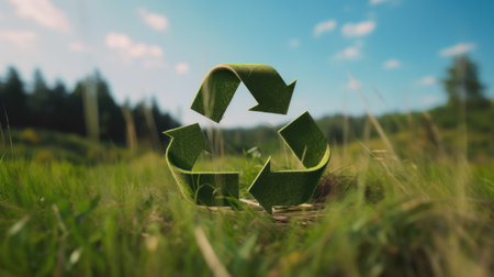 Recycle symbol on the green grass, sustainable and eco environment concept. Generative AIの素材