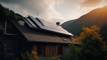 eco-friendly house with solar panels on the roof surrounded by green nature. Generative AIの素材