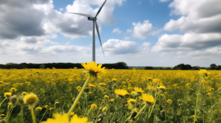 Wind turbine in a yellow flower field, Alternative energy. Generative AIの素材
