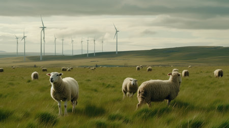 Sheep grazing near wind turbines on the mountain. Generative AIの素材