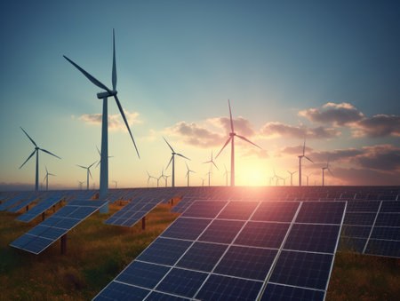 Wind turbines and solar panels. Green energy concept. Generative AIの素材