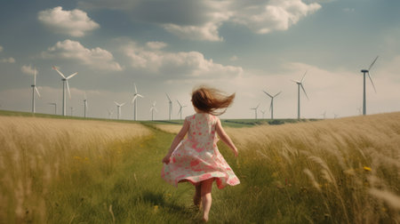 Adorable girl standing in wind turbine field. Green alternative energy, Generative AIの素材