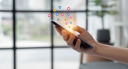 Social media and digital online concept, woman using smartphone and show technology icon