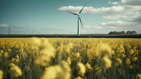 Wind turbine in a yellow flower field, Alternative energy. Generative AIの素材